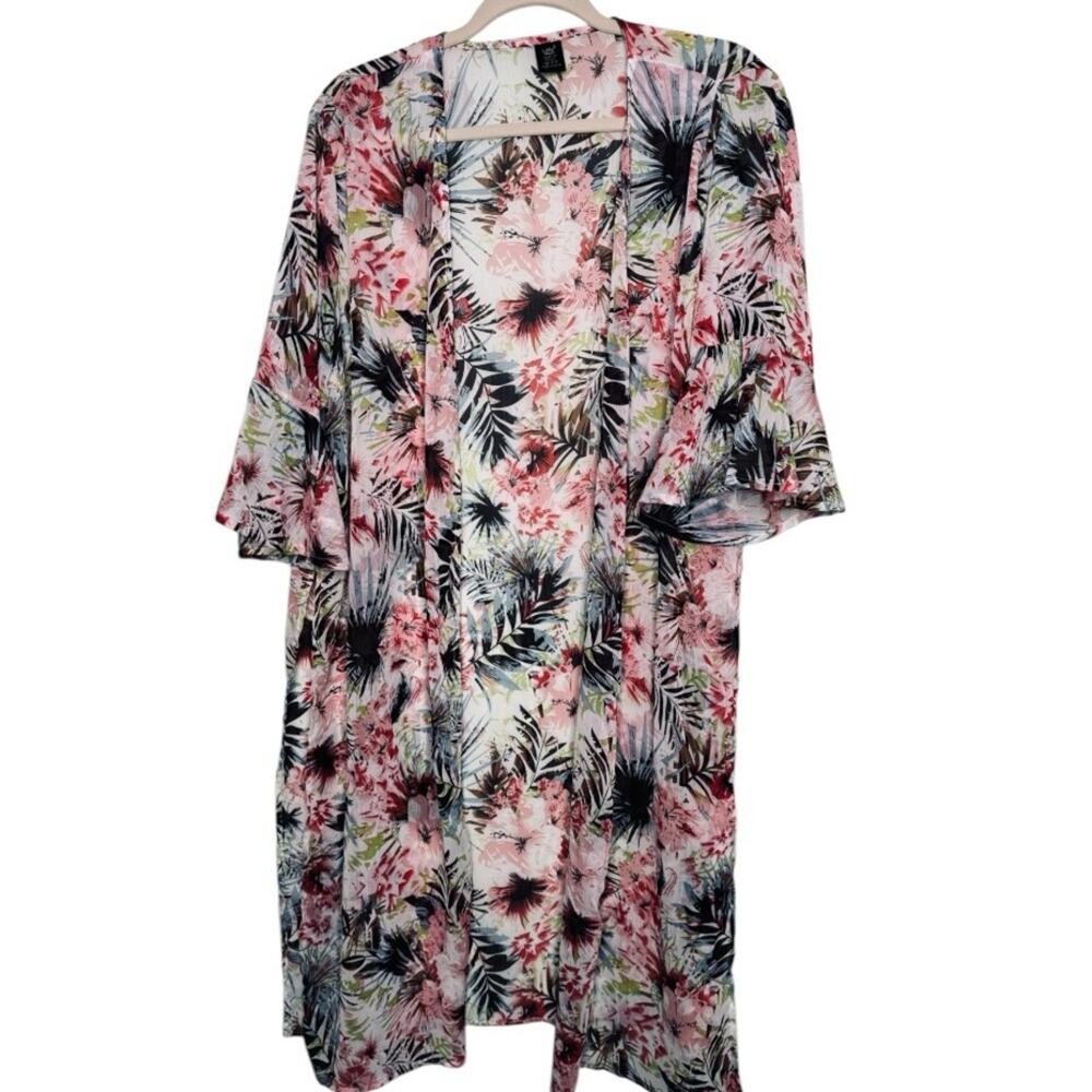 Floral Kimono Duster with Bell Sleeves Tie Front Size L